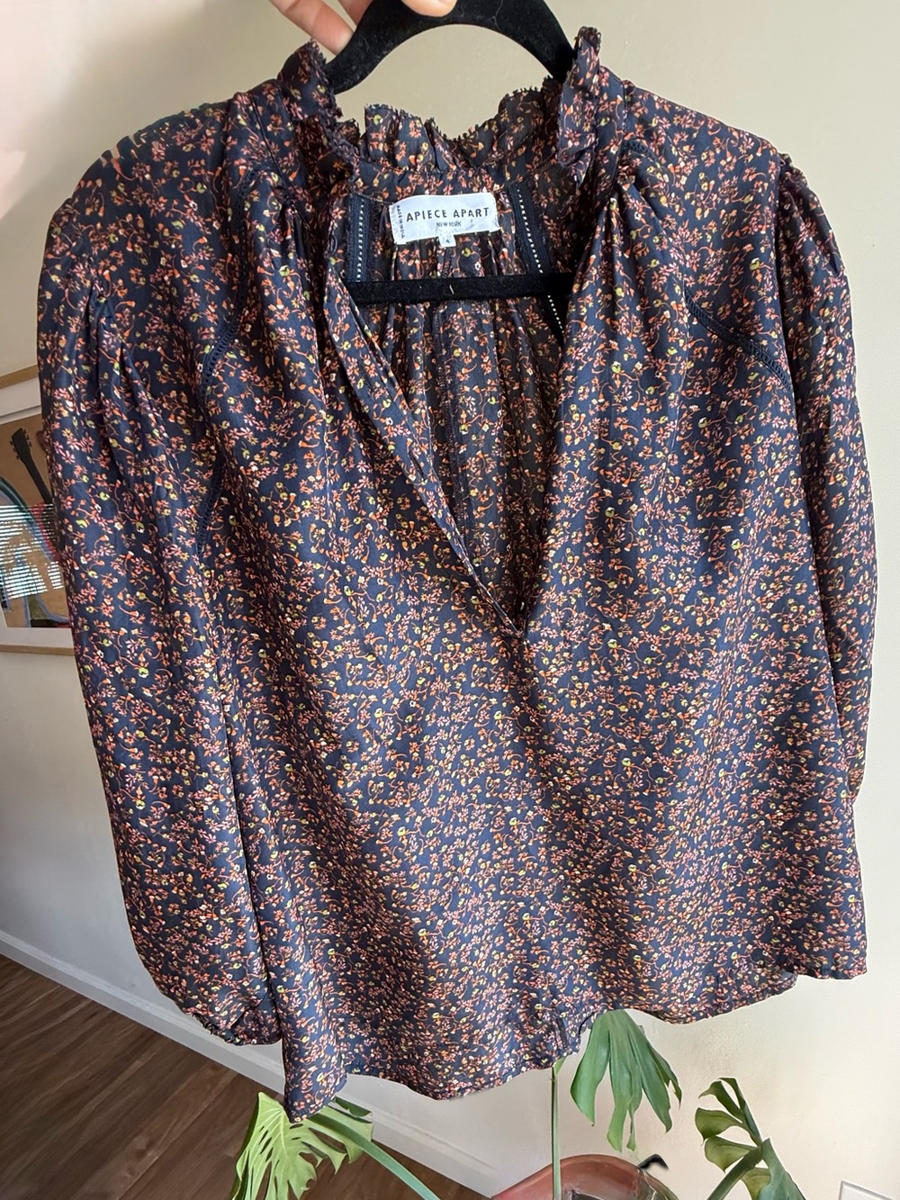 Apiece Apart Black Blouse with Orange-Pink Ditsy Floral